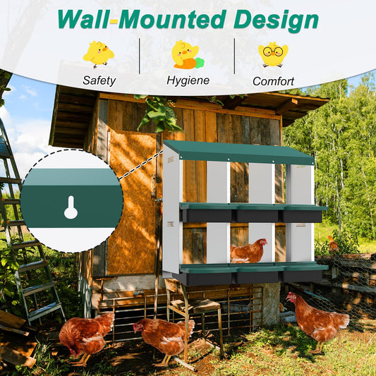 M METERXITY Chicken Nesting Box, 6 Compartments Metal Chicken Laying Boxes with Roll Out Egg Collection, Plastic Fake Eggs, Install Accessories and Gloves for Hens/Goose/Duck/Rabbit, Green