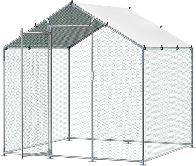 VEVOR Metal Chicken Coop, 6.56x6.56x6.56ft Walk in Chicken Runs for Yards with Cover, Spire Roof Hen House Enclosure with Security Lock, Outdoor Duck Rabbit Poultry Cage Pen for Backyard, Farm, Yard