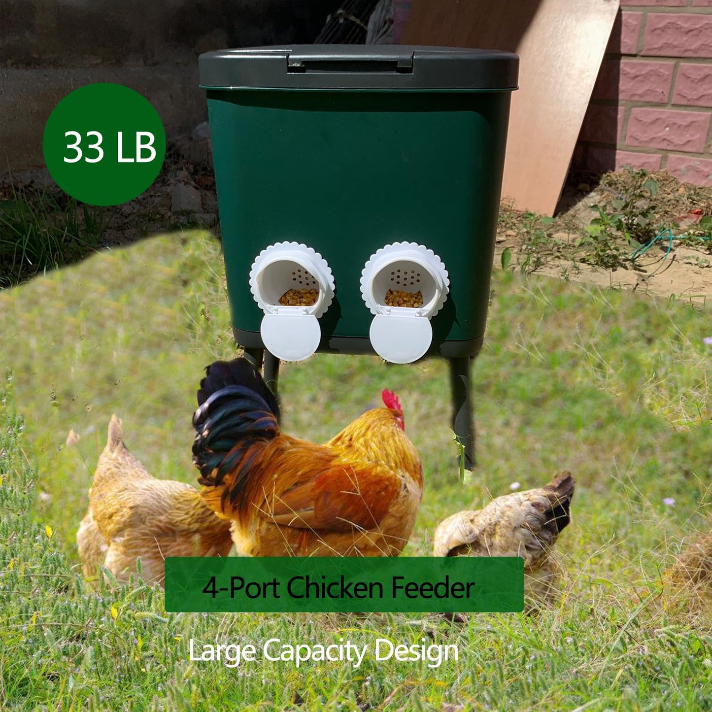 33 LB Automatic Chicken Feeder No Waste with 4 Pcs Port Large Capacity Free-Standing Poultry Food Feeder Outside and Indoor DIY Gravity Poultry Feeding Dispenser for Chicken Geese Quails and Turkeys