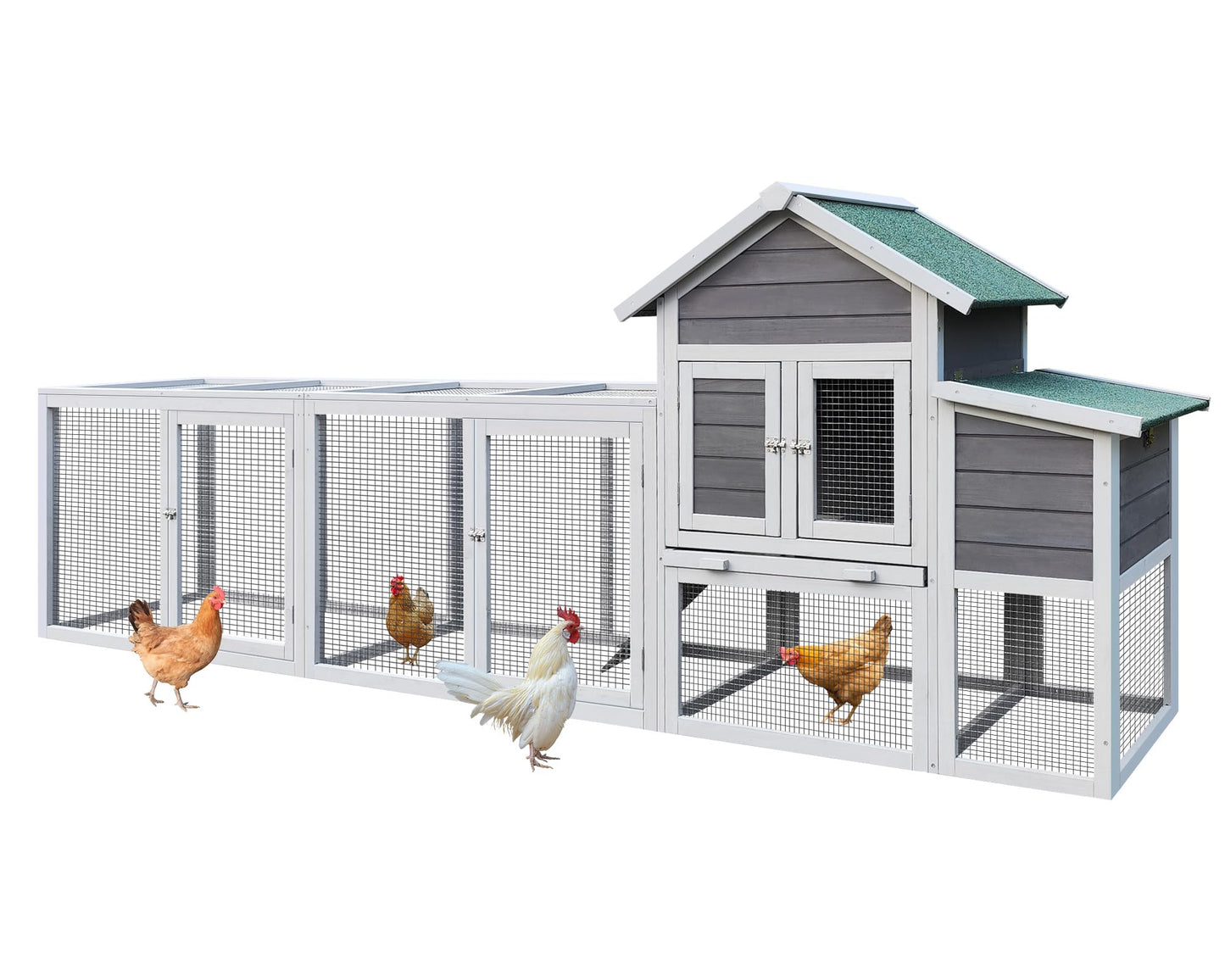 Yafylly 122" Wooden Chicken Coops for 3-4 Chickens, Outdoor Chicken Coop with Run, Nesting Box, Perch, Ramp, Sliding Tray, Waterproof Roof, Poultry Cage Duck Coop Rabbit Hutch for Backyard, Gray