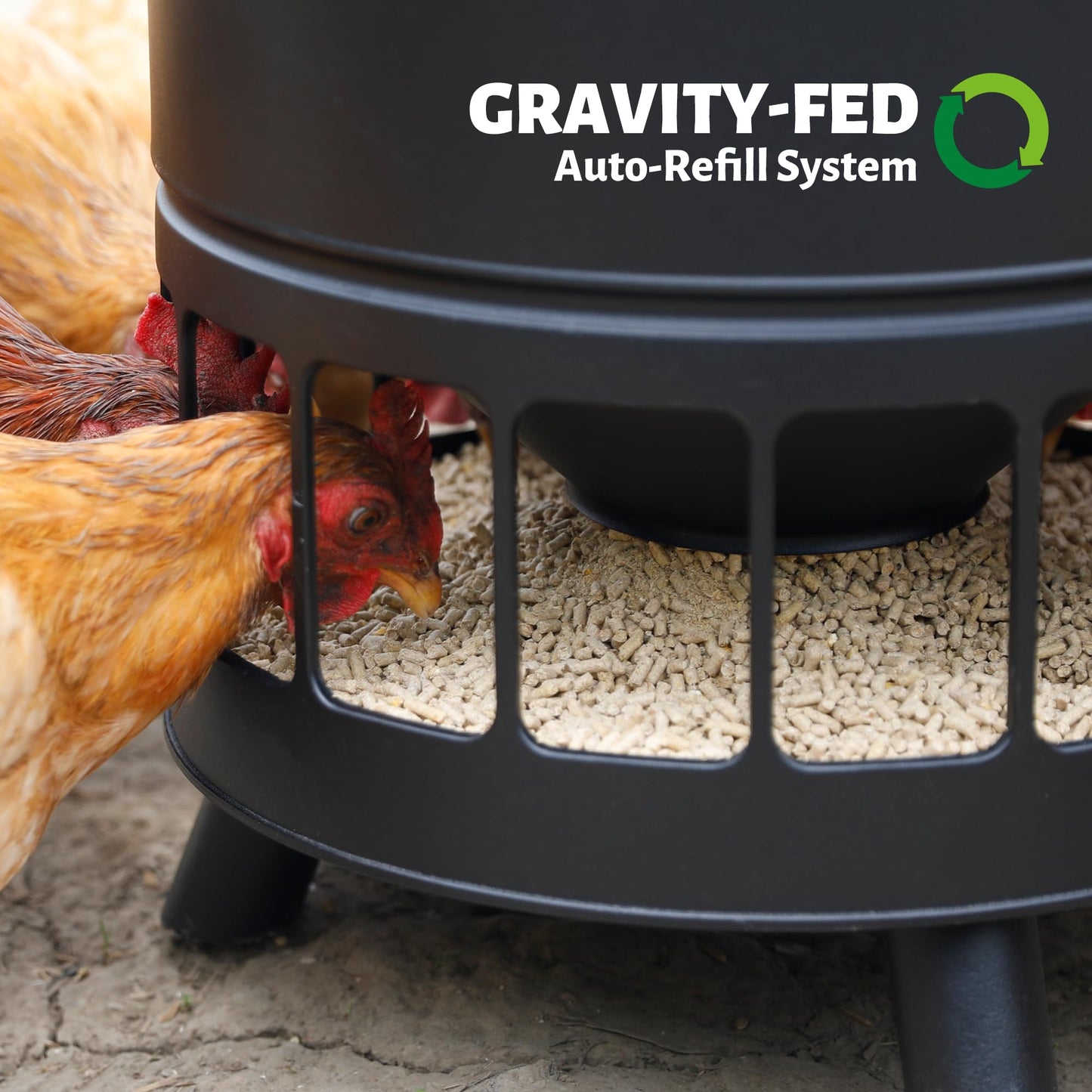 Solution4Patio 65 LB Large Free Standing Chicken Feeding Barrel, Portable Gravity Chicken Feeder Automatic, Dispenser, 16 Feeding Ports Poultry Feeder, Hen Coop (Black)