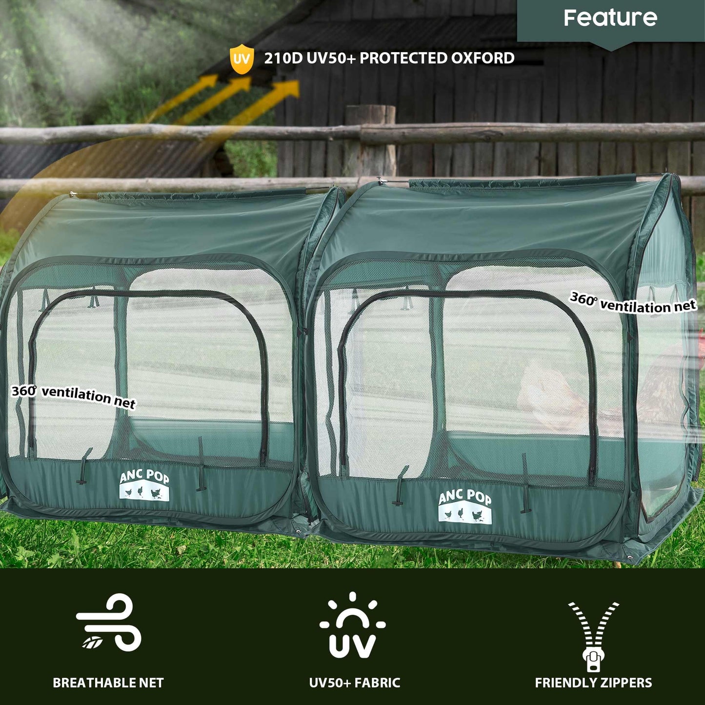 ANC POP 2Pcs Portable Chicken Run, Pop Up Chicken Tent for Small Animals Outdoor Gardening Net with 3 Doors and Handbag, Easy to Install and Storage, Green (80 x 40 x45)