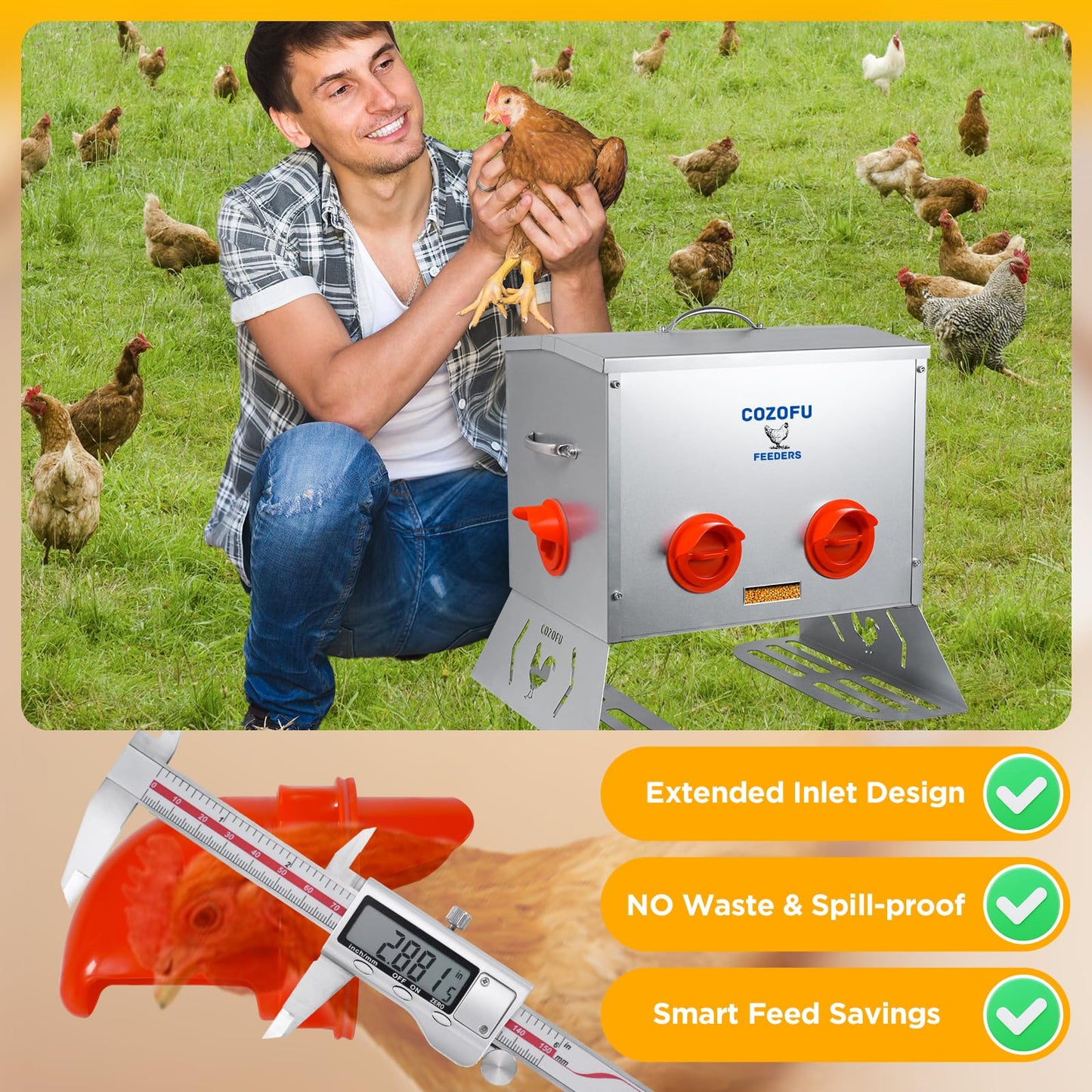 COZOFU 25 Pounds Automatic Chicken Feeder 6 Ports Large Gravity Fed Chicken Feeder with Transparent Window & Handle for Chickens Bantams Pheasants Poultry Coop Weatherproof