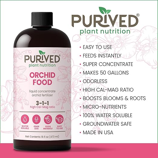 Purived 16oz Orchid Liquid Fertilizer - Makes 50 Gallons, Boosts Blooms & Root Strength, Ideal for Phalaenopsis, Dendrobium & More, Supports Vibrant, Long-Lasting Flowers, Made in USA
