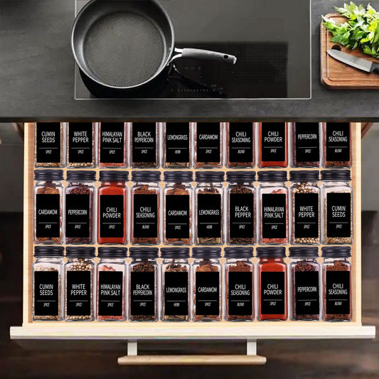 Churboro 25 Spice Jars with 547 Labels- Glass Spice Jars with Black Metal Caps, 4oz Empty Spice Containers with Shaker Lids, Funnel, Chalk Pen, Square Seasoning Bottles for Spice Rack, Drawer, Cabinet