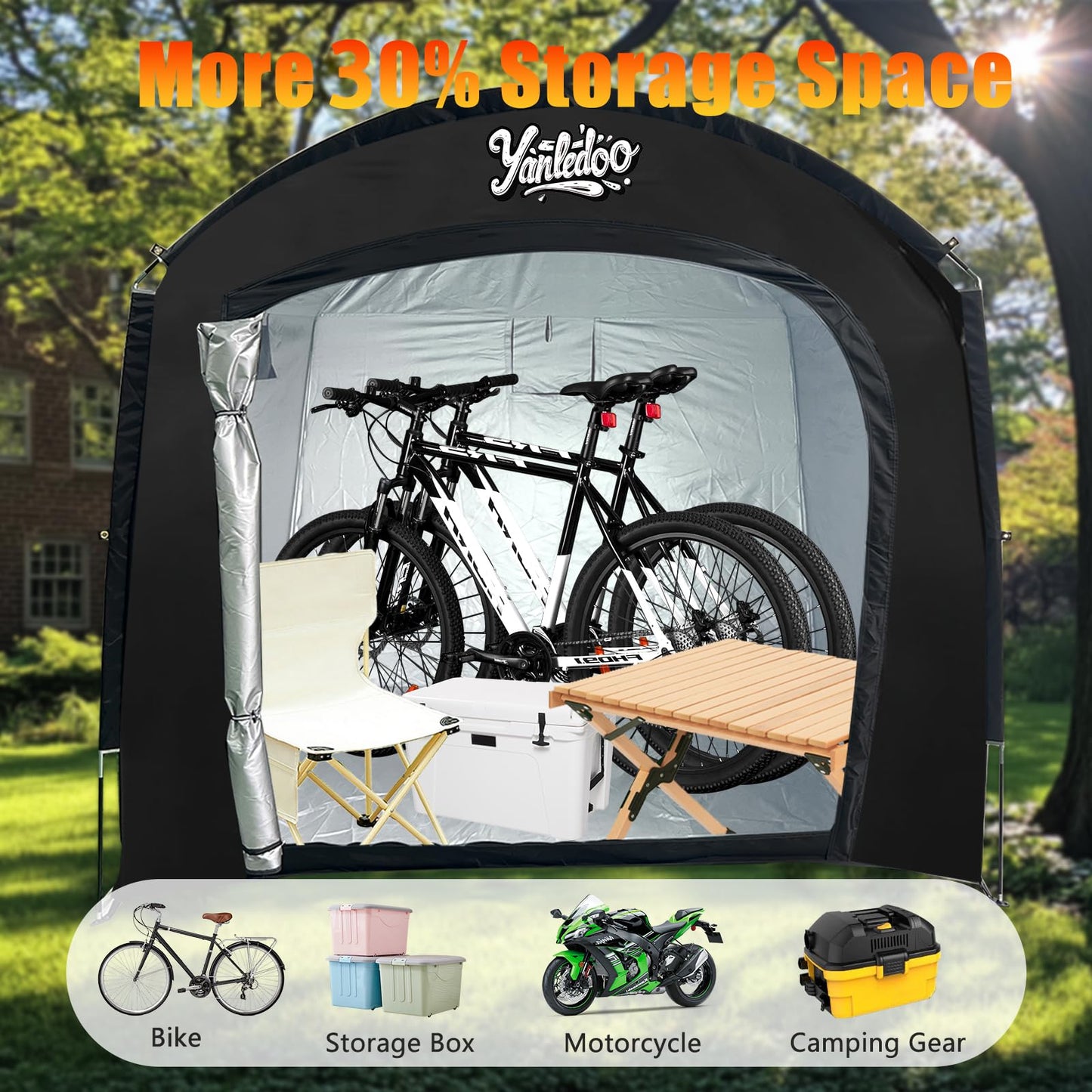 Yanledoo Bike Storage Tent, Outdoor Shed with Thick Waterproof Fabric, 30% More Top Space, Fits 2/3/4/5 Bikes or Tricycles, Easy Setup, Portable Cover for Garden Tools & Motorcycles