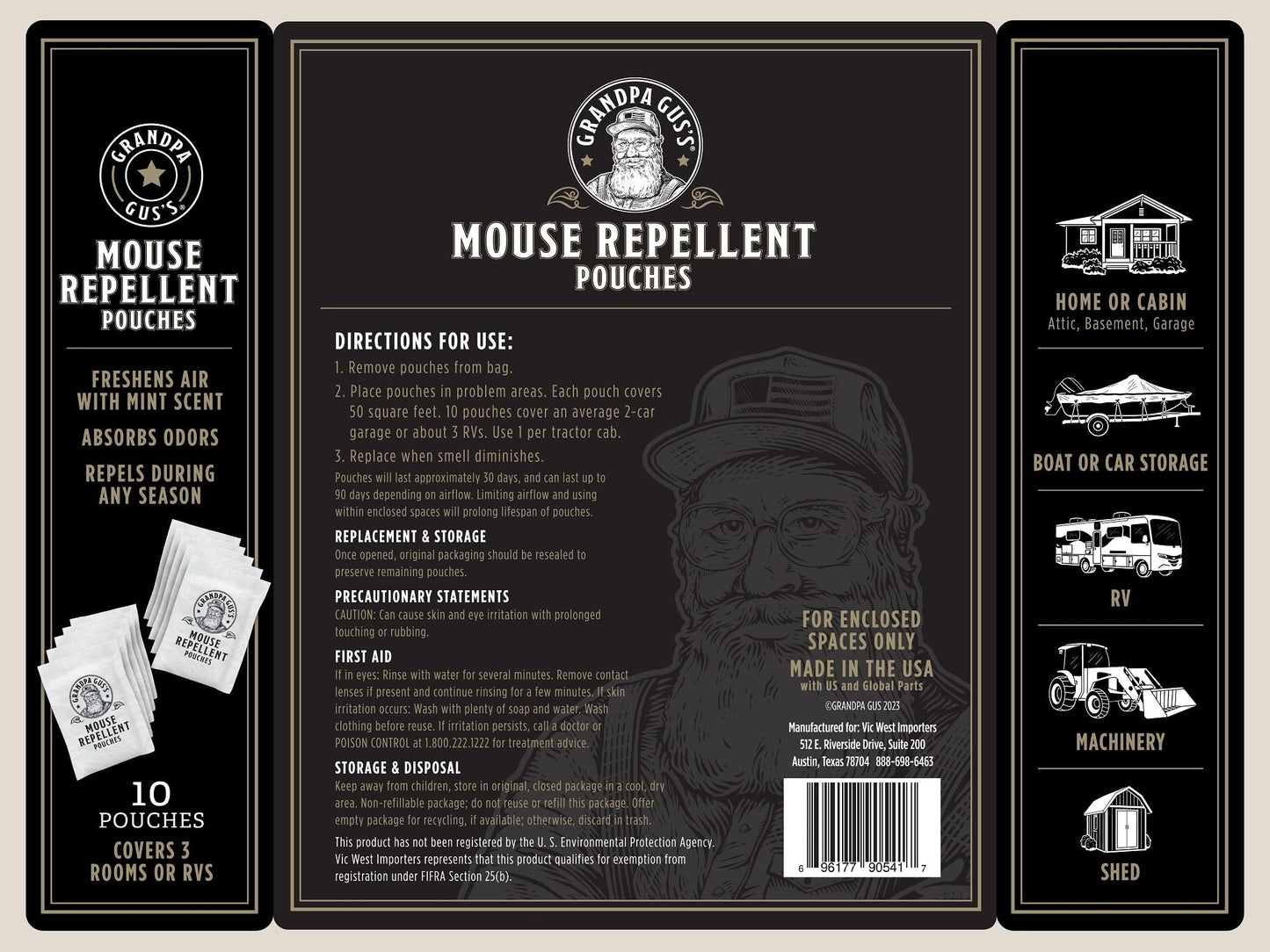 Grandpa Gus’s Extra-Strength Mouse Repellent Pouches, Peppermint & Cinnamon Oil, Natural Rodent Deterrent Control for Garage, RV, Car, Basement, Attic, Storage, 1.75 Oz (Pack of 10)