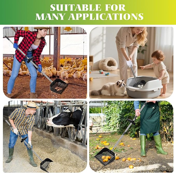 Chicken Poop Scooper for Sand, Coop Scoop with 22 to 64" Adjustable Handle, 2-in-1 Metal Shovel Head Chicken Scooper for Poop, Litter Rake & Sifting Shovel for Pet Waste Cleaning