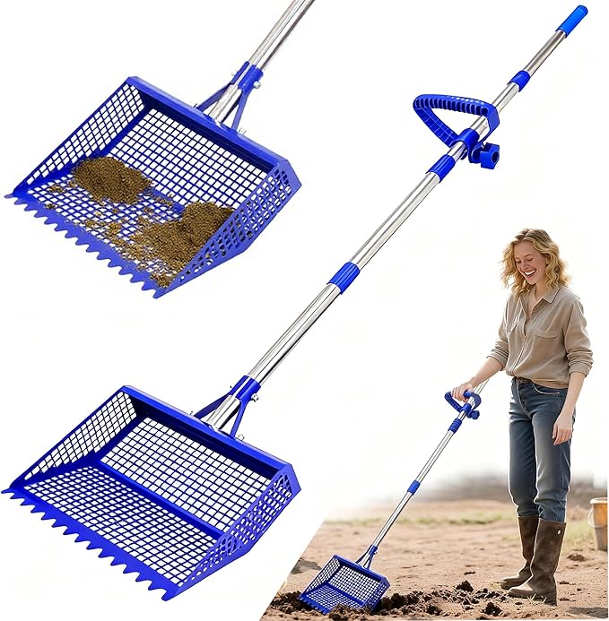 Chicken Poop Scooper & Rake 2-in-1, 304 Stainless Steel Shovel Head - 2X Waste Removal, Easy Clean Anti-Rust Litter Sifting Scoop, Cattle Pen & Beach Sand | Back-Knee Friendly Chicken Coop Accessories