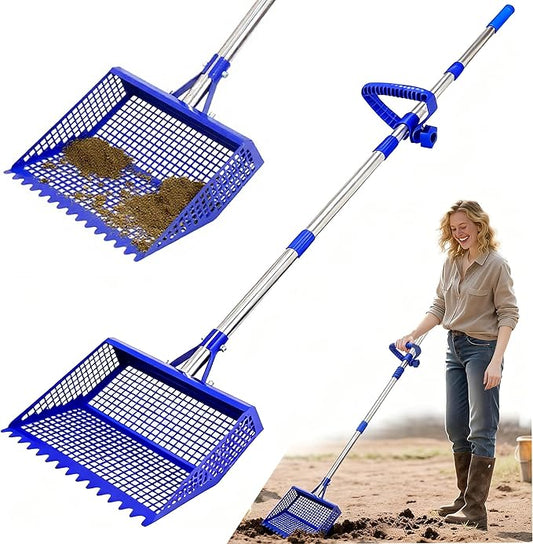 Chicken Poop Scooper & Rake 2-in-1, 304 Stainless Steel Shovel Head - 2X Waste Removal, Easy Clean Anti-Rust Litter Sifting Scoop, Cattle Pen & Beach Sand | Back-Knee Friendly Chicken Coop Accessories