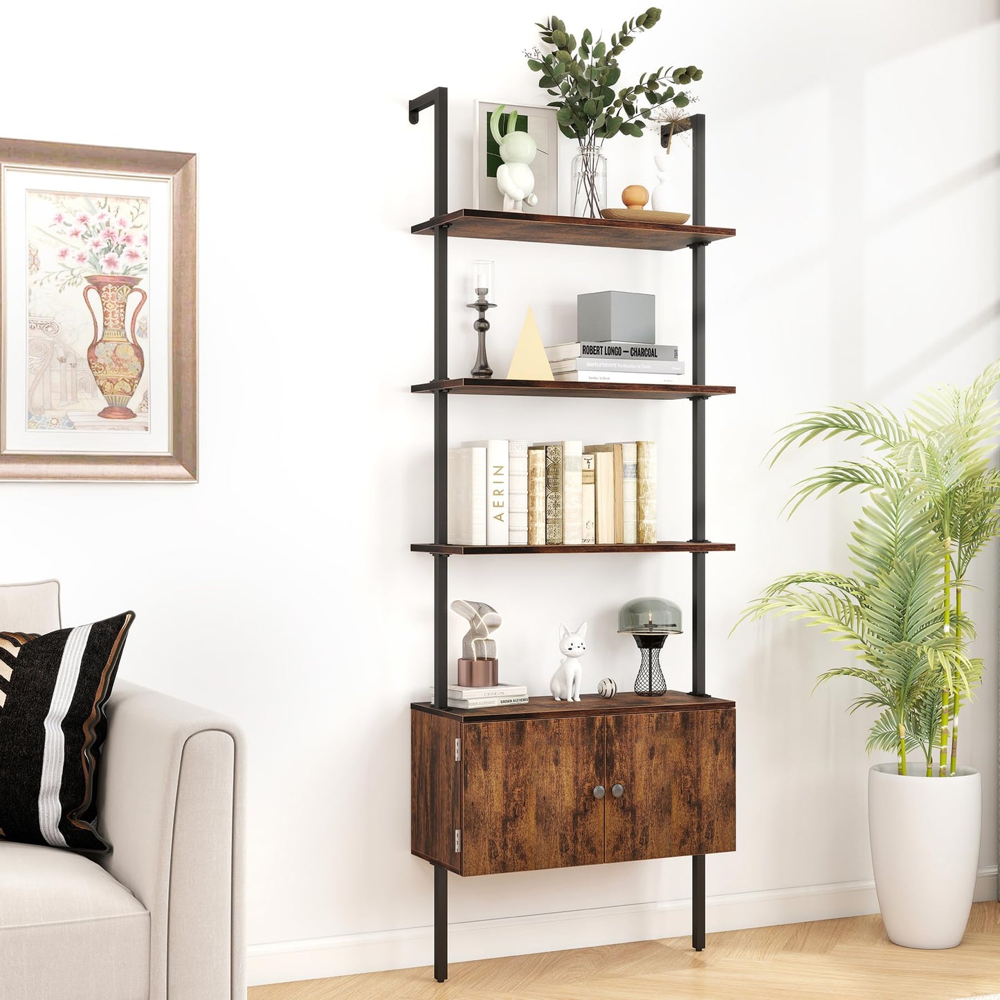 CAMOAT 4-Tier Ladder Bookcase,Wall Mounted Bookshelf with Cabinet:Space-Saving Corner Storage Shelves,Blanket Ladder&Bathroom Wall Shelf,Open Industrial Shelf -Maximize Living Room,Bedroom,Home Office