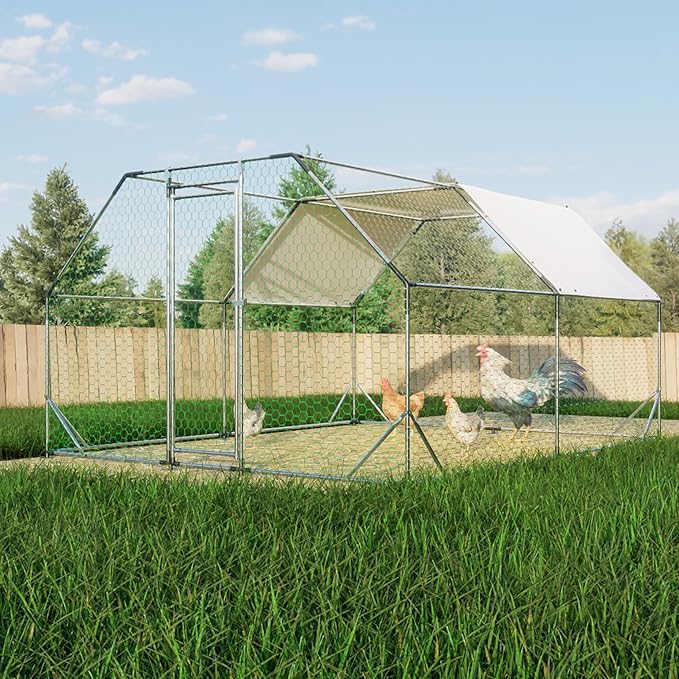 Large Metal Chicken Coop,10x13x6.36 ft Walk-in Chicken Runs for Yard with Waterproof Cover, Flat Shaped Chicken House with Door for Outdoor and Backyard, Farm, Duck Rabbit Cage