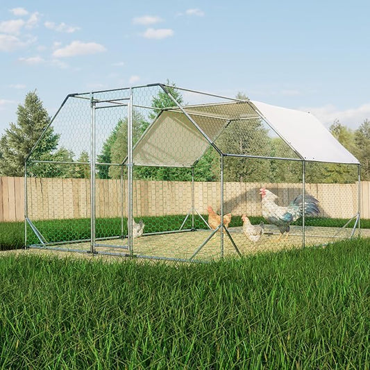 Large Metal Chicken Coop,10x13x6.36 ft Walk-in Chicken Runs for Yard with Waterproof Cover, Flat Shaped Chicken House with Door for Outdoor and Backyard, Farm, Duck Rabbit Cage