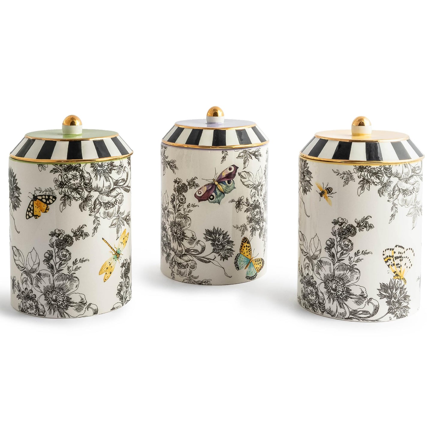 MACKENZIE-CHILDS Set of 3 Ceramic Canisters, Lidded Kitchen Canister Set, Butterfly Toile