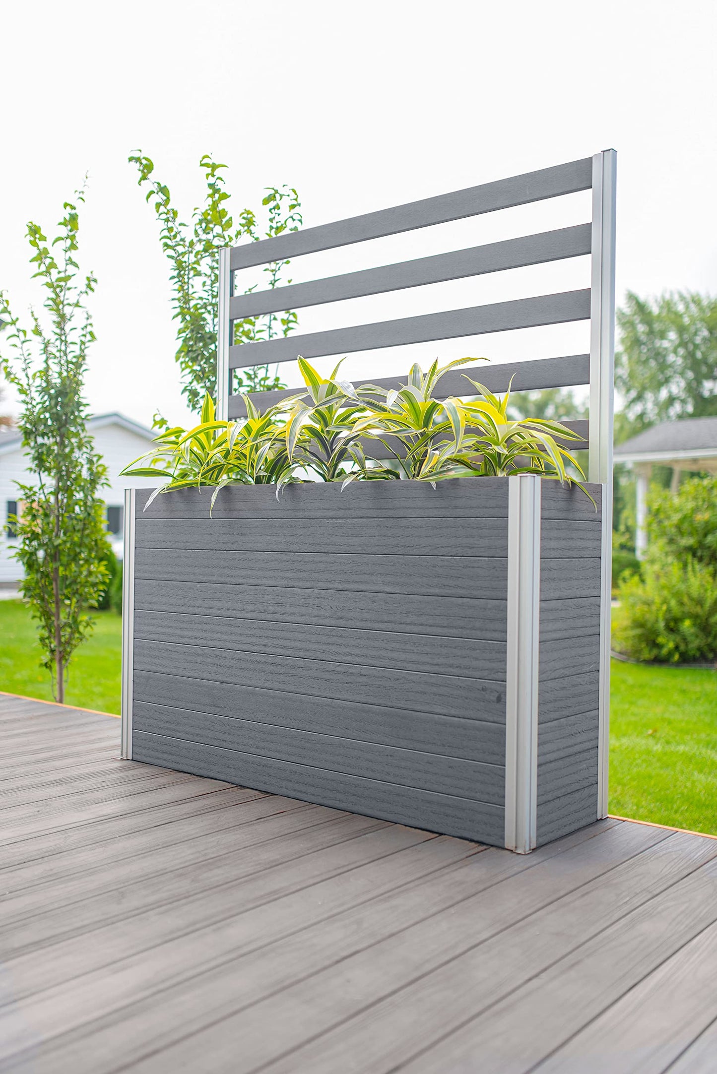 Vita Urbana 16 inch x 56 inch x 33 inch Embossed Vinyl Large Parklette Planter with Trellis, Slate Grey, Gray, Woodgrain, PVC, BPA and Pthalate Free, VT17634