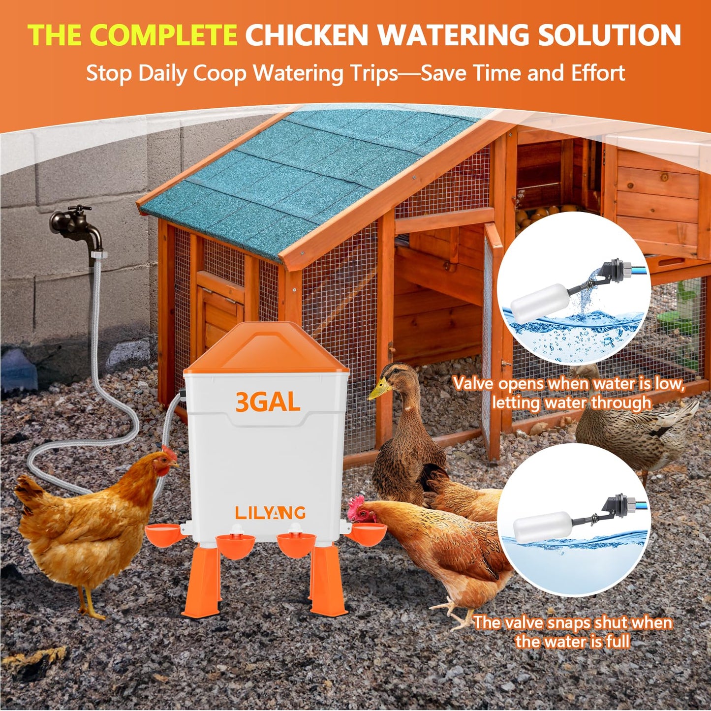 Lilyang Automatic Chicken Waterer 3 Gallon | Float-Control Poultry Waterer, Hanging/Standing Design, Connect to 3/4'' Faucet & Hose, Effortless Hydration Solution for Backyard Coop & Small Farm