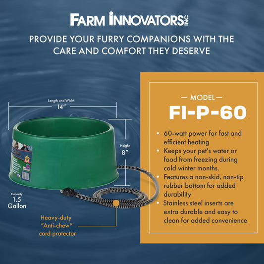 Farm Innovators 1.5-Gal Heated Pet Water Bowl for Dogs & Cats, Anti-Chew Cord, 60W, Green