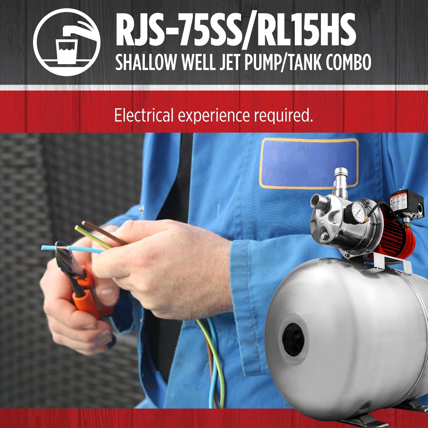 Red Lion RJS-75SS/RL15HS 115/230 Volt 3/4 HP, 12.8 GPM Stainless Steel Shallow Well Jet Pump and 15 Gallon Tank System, Stainless Steel, 602240