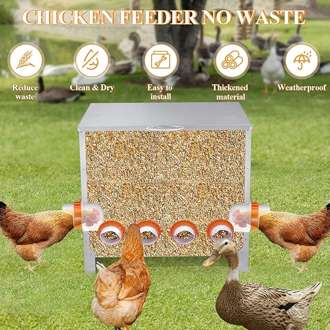 Automatic Chicken Feeder No Waste Large Capacity 85lbs 10-Ports Metal Poultry Feeder with Pull Handle for Chickens Geese Ducks Poultry Coop Weatherproof Design