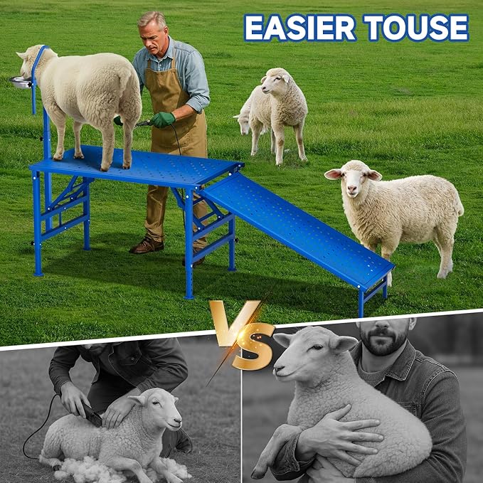 Professional Goat Milking and Trimming Stand with Ramp, Sheep and Goat Grooming Platform, Livestock Care Equipment (Blue with Ramp)