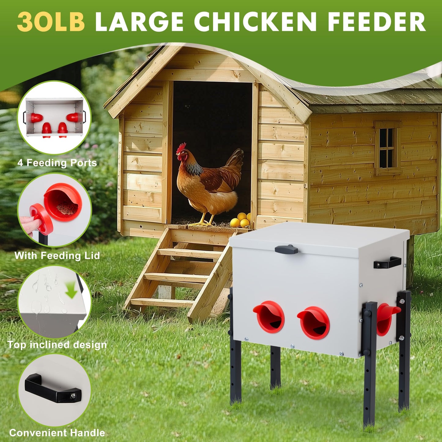 GVGBUK Metal Chicken Feeder with 4 Ports, 30 lbs Metal Poultry Feeder, Height Adjustable Weatherproof Feeding Box for Chickens, Geese, Ducks, Turkeys, Quails