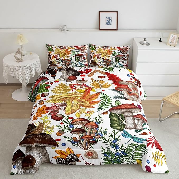 Castle Fairy Mushroom Boys Girls Comforter Set,Rustic Wild Plants Duvet Set for Room Decor,Nature Burgundy Plant Snail Brushed Microfiber Soft Quilt Cover,Full
