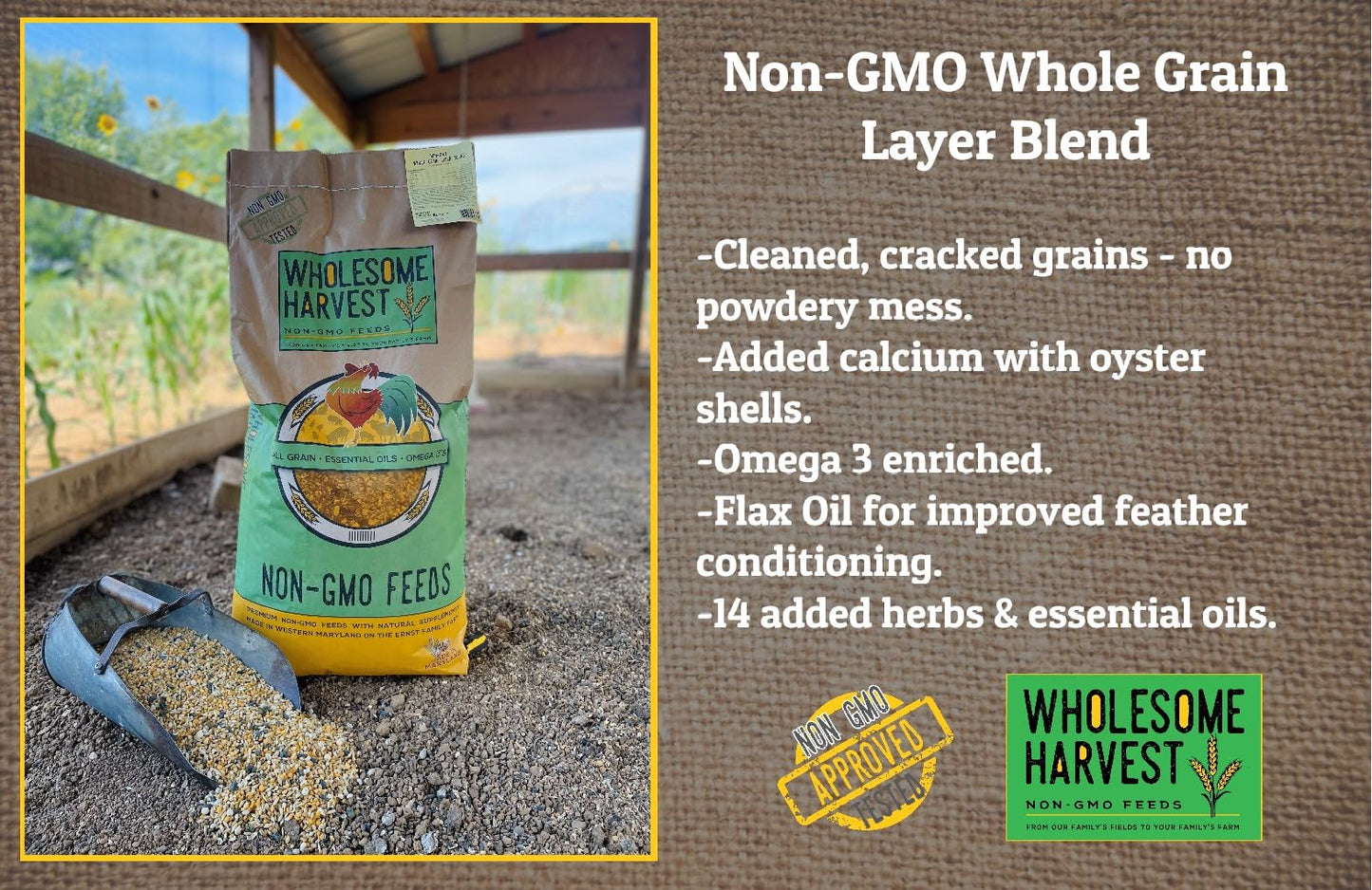 Wholesome Harvest Non-GMO Whole Grain Layer Blend 16% - Chicken Feed for Laying Hens and Ducks - Includes Essential Oils, Herbs, Oyster Shells, Vital Minerals, and Omega 3, 10lb