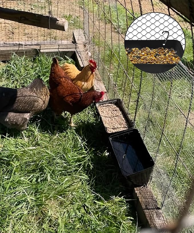 Chicken Feeder, 2 Pack, Poultry Feeders and Waterers, Hanging Goat Feeder, Livestock Fence Feeder, Feed Trough and Waterer Bucket with Clips, Black