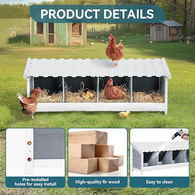 PETSFIT 4 Holes Chicken Nesting Box-All Weather PVC Roof, Natural Wood Design with Privacy Back Panel for Hens-Wall Mounted or Floor Use in Coops, Farms, Backyards,Easy to Assemble