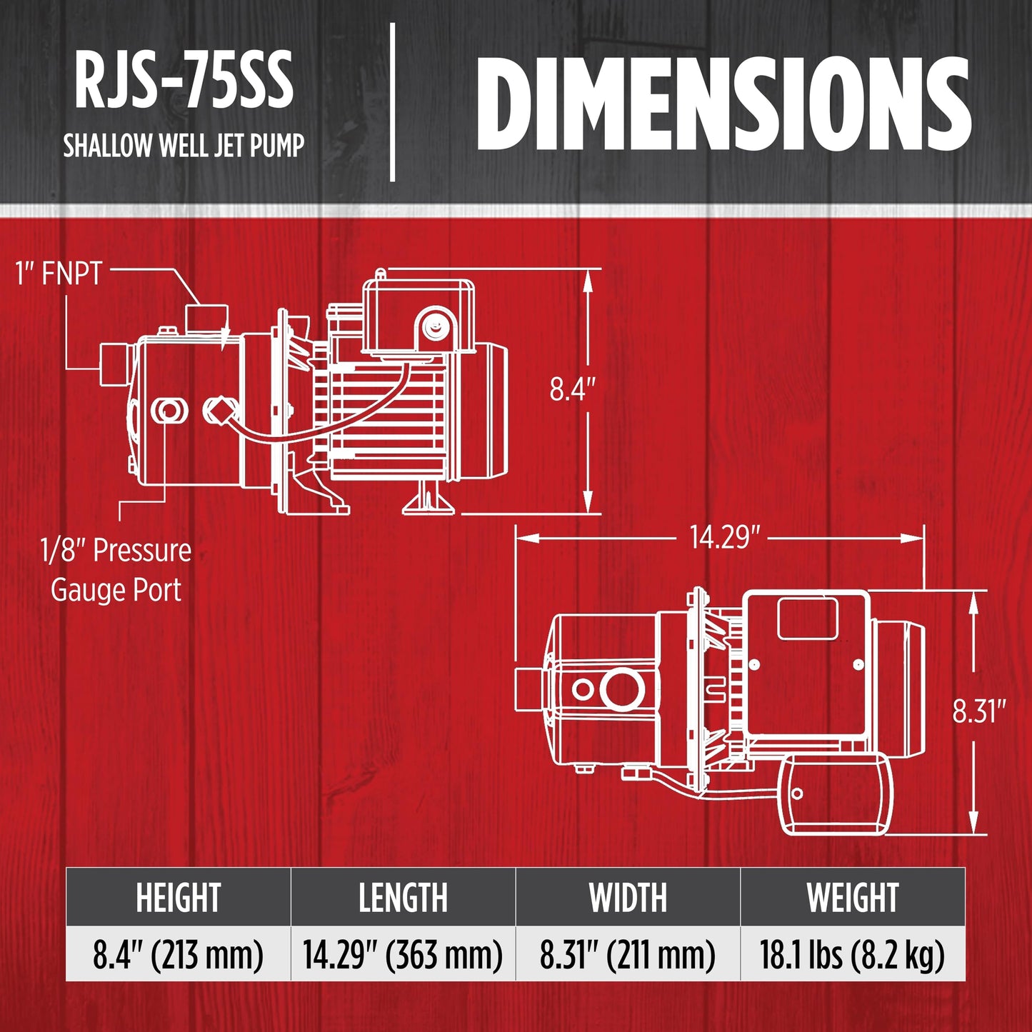 Red Lion RJS-75SS 115/230 Volt, 3/4 HP, 12.8 GPM Stainless Steel Shallow Well Jet Pump, Red, 97080702