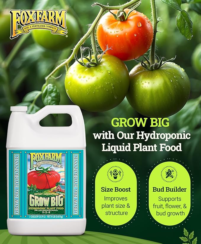 FoxFarm Grow Big Hydro Liquid Fertilizer, Plant Food with Micro Nutrients for Hydroponic Systems - Enhances Vegetative Growth, Flowering, and Fruiting - pH Adjustable, NPK 3-2-6 (Gallon)