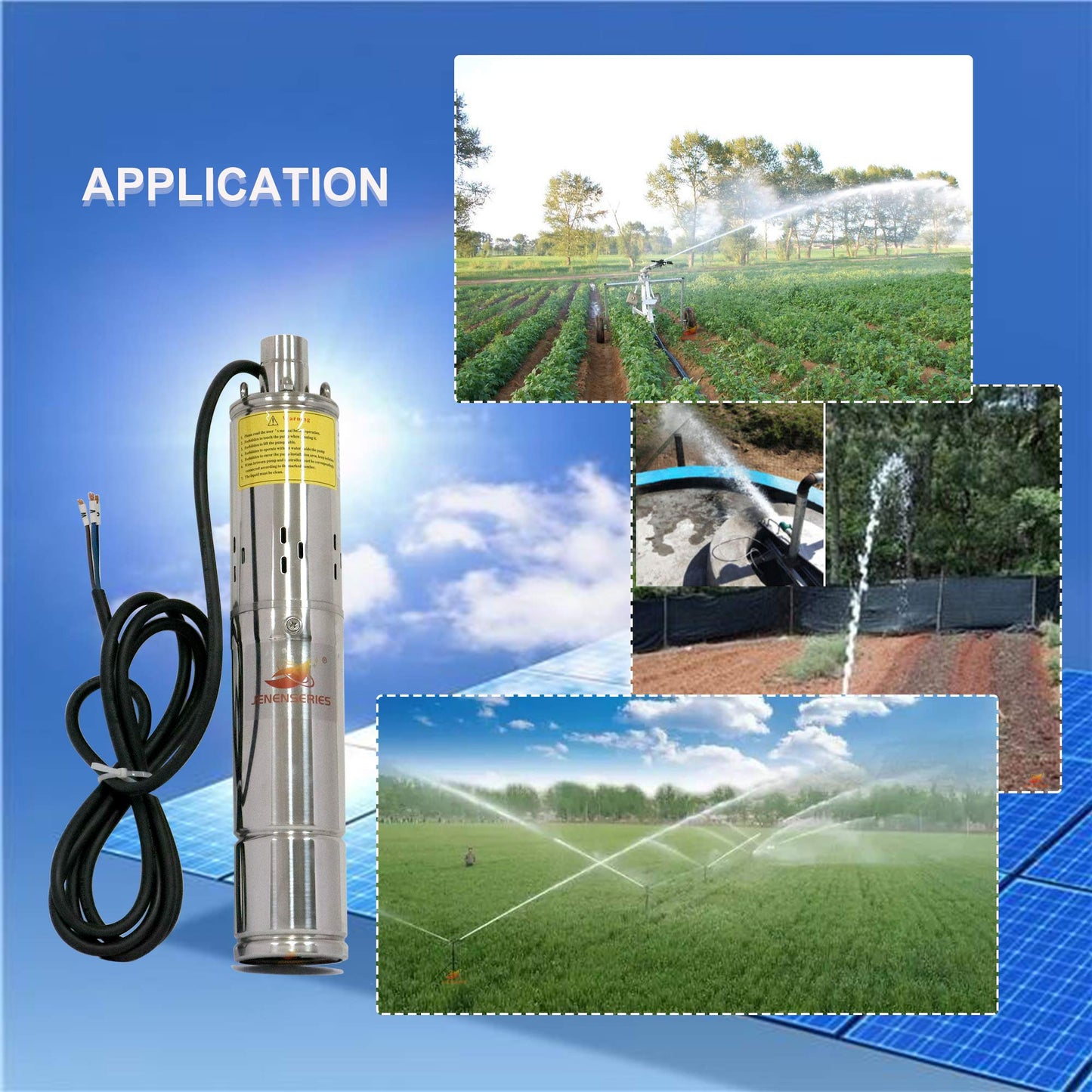 JENENSERIES Pump 500W DC 48V Solar Water Pumps, Max head 393ft,7.9GPM Flow，3 inch Solar deep well submersible Pumps with MPPT controller float switch kits for home or farm