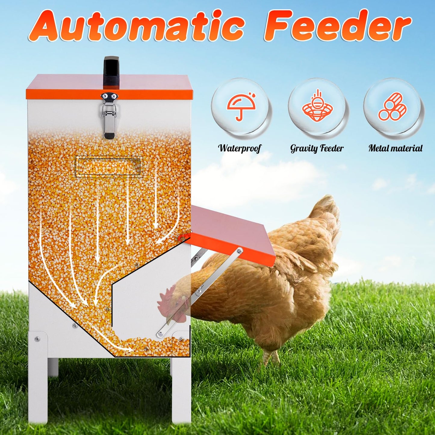 Automatic Chicken Feeders 30lb Metal Poultry Feeder no Waste Large Hanging Chicken Feeders Trough with Lid for Chickens Coop Quail Ducks Outside Galvanized Waterproof Chicken Feeder (30LB)