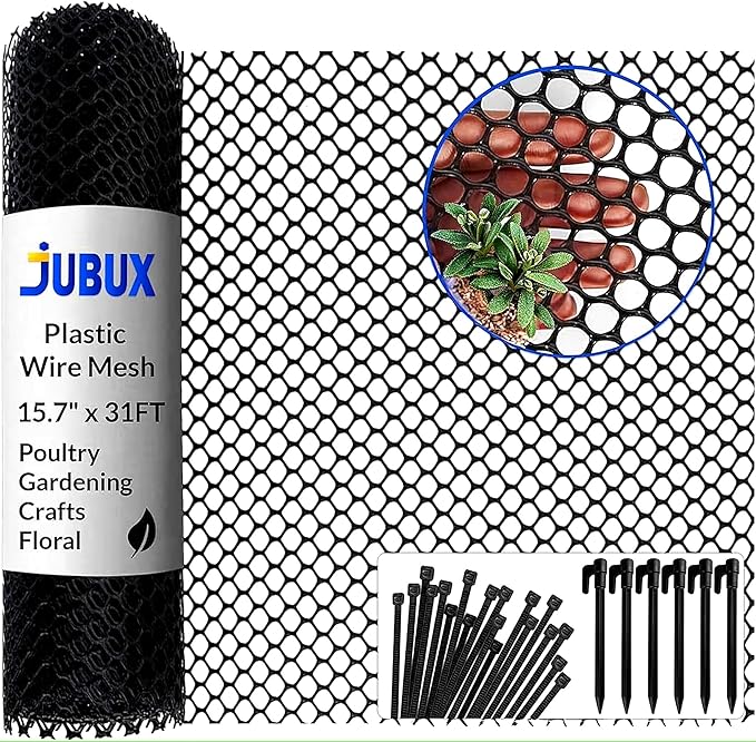Plastic Wire Mesh Fence 15.7" x 31 ft – Chicken Wire Fencing for Dogs, Rabbits & Poultry – Snake Barrier & Fence for Balcony – Includes 30 Pegs & 20 Zip Ties – Durable, Weatherproof & Easy to Install