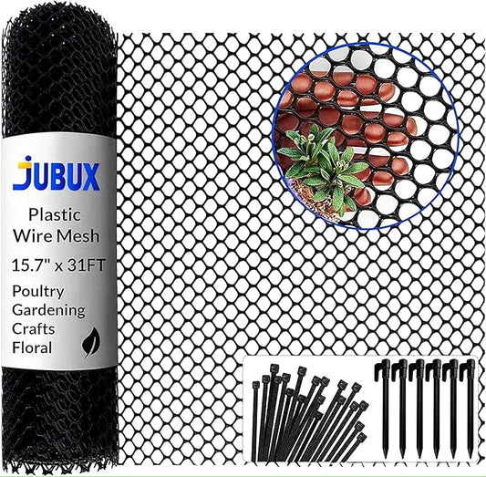 Plastic Wire Mesh Fence 15.7" x 31 ft – Chicken Wire Fencing for Dogs, Rabbits & Poultry – Snake Barrier & Fence for Balcony – Includes 30 Pegs & 20 Zip Ties – Durable, Weatherproof & Easy to Install