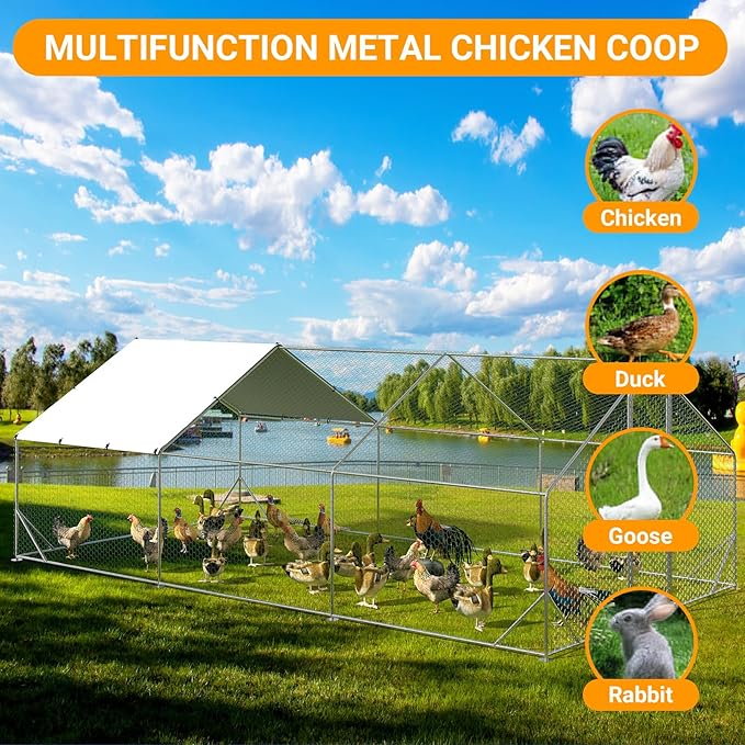 Chicken Runs for Yard with Cover, Large Metal Chicken Coop, 9.8x19.7x6.6FT Chicken Pen with Waterproof and Anti-UV Cover, Walk-in Poultry Cage for Yard Outdoor Duck Rabbit Cage