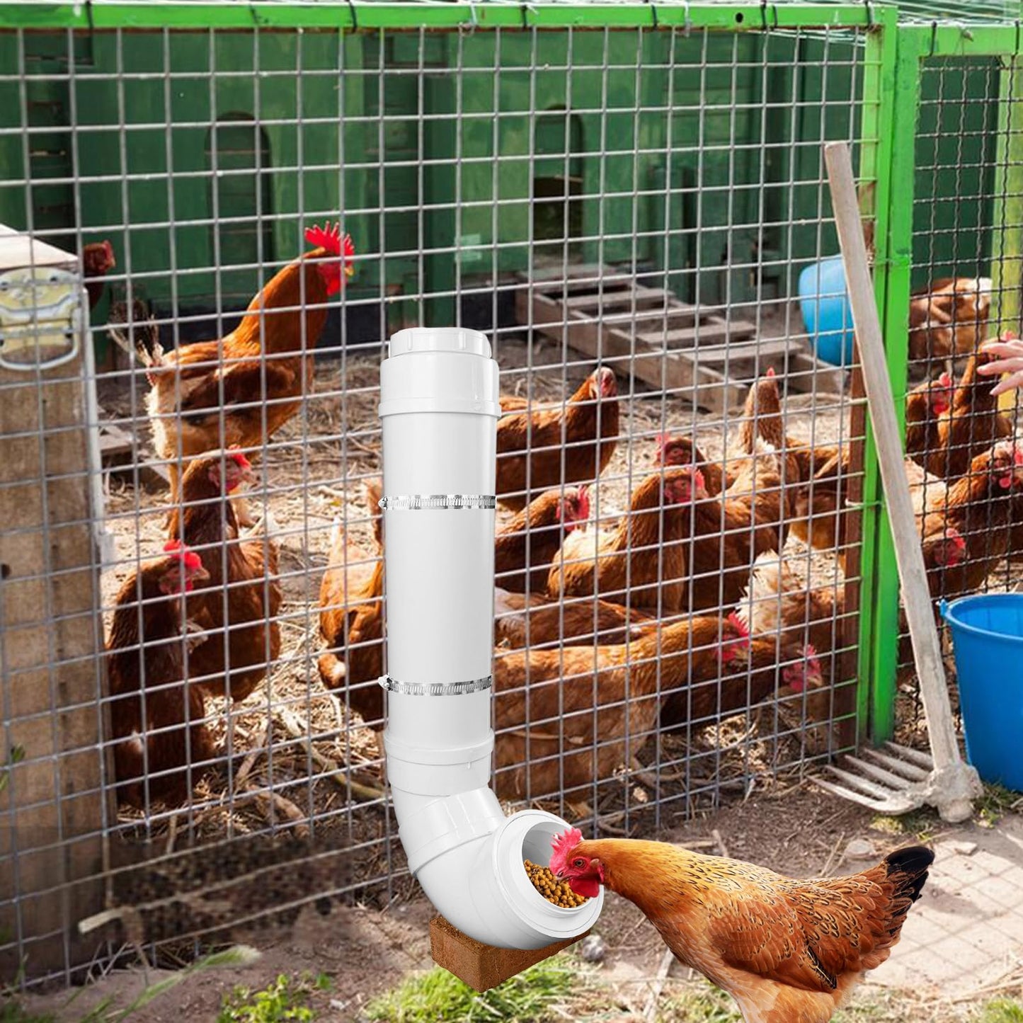 BOUTICOL Automatic Chicken Feeder with 2 Covers Duty PVC Pipe No Waste Chicken Coop Feeder 6.6 Pounds Large Chicken Feeder Hanging Chicken Feeder