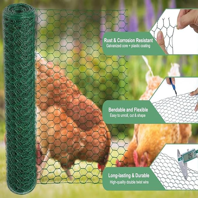 Chicken Wire for Crafts, Wire Netting Hexagonal Garden Poultry Chicken Wire Netting, Pet/Rabbit/Chicken Wire Fencing,0.8inch Hexagonal Galvanized PVC Coated Mesh Fence (Green, 13.7"x118")