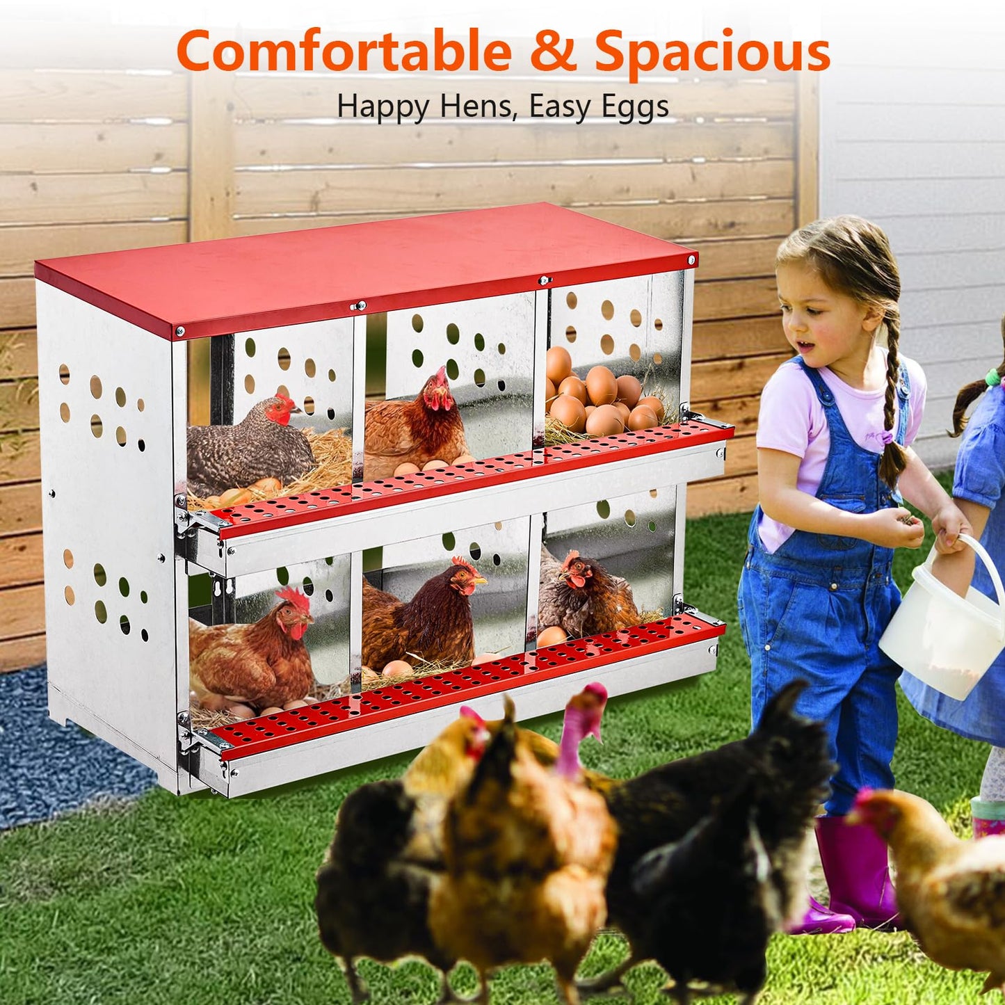 Nesting Boxes for Chickens, 6 Compartment Roll Out Away Chicken Nesting Boxes for Laying Eggs, Nesting Gift Boxes for Hens Duck Poultry, Metal Heavy Duty Chicken Coop with Perch