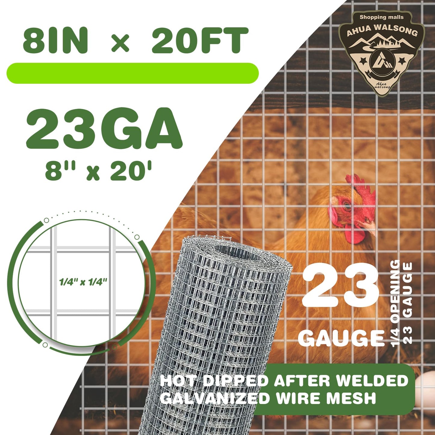 Hardware Cloth 1/4 Galvanized Wire Mesh Roll 8" x 20' (23 GA) - Chicken Wire Fence for Pens, Coops, Rabbit/Snake Fences, Poultry Enclosures, Crafting, and Screen Mesh