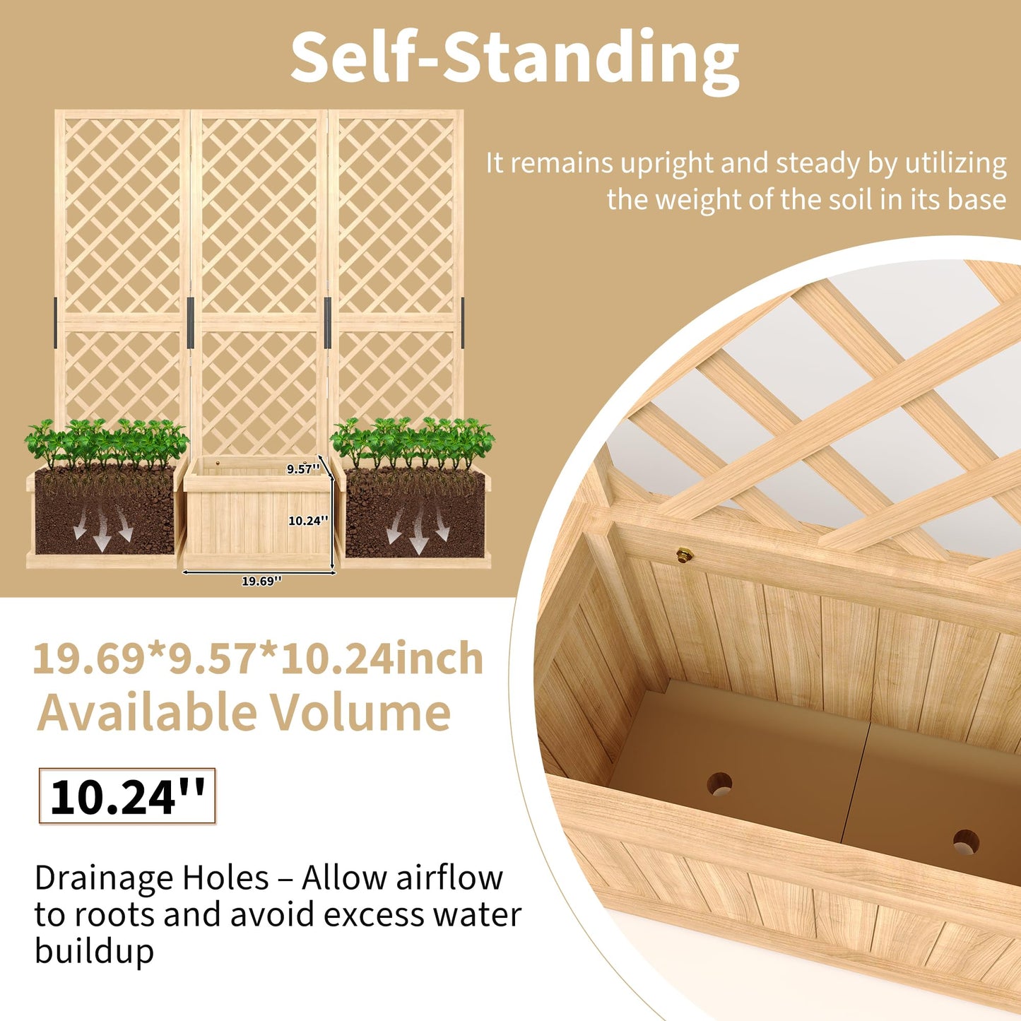 Cedar Privacy Screen with Planter Box - 62"x 10"x 65" Freestanding Outdoor Fence Panel, 3 Hinged Garden Screen with Drainage Holes, Raised Bed Kit for Patio, Backyard, Deck Natural Wood Trellis