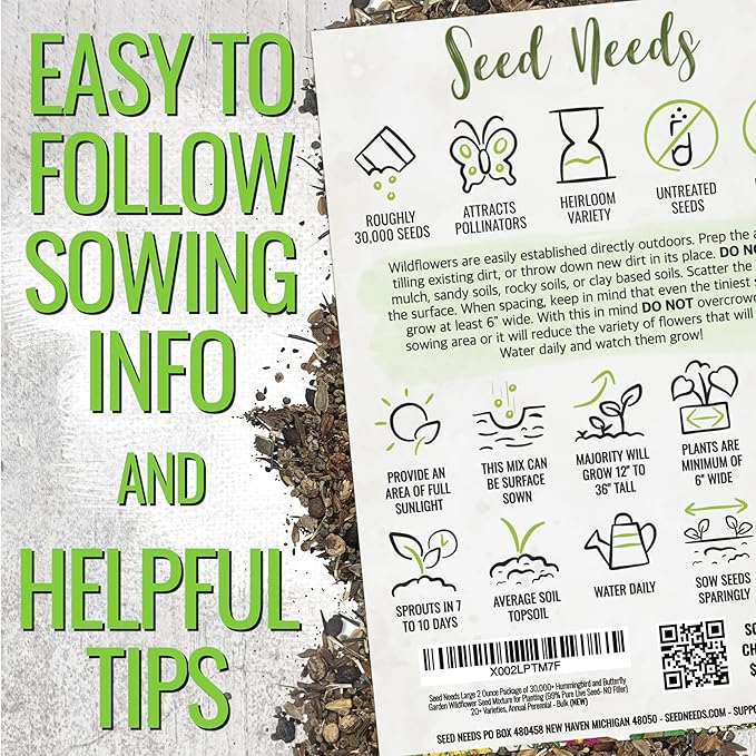 Seed Needs Wildflower Seeds Butterfly and Hummingbird Seed Mix 2 Ounce No Filler | 23 Varieties Annual & Perennial Species Such as Butterfly Milkweed, Cosmos & Zinnia | Resealable Bulk Package