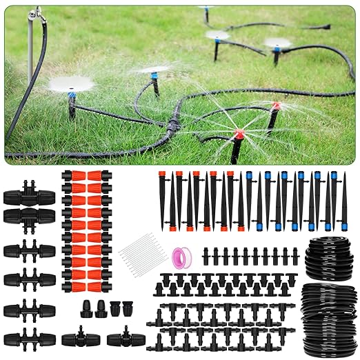 JAYEE 130FT Drip Irrigation Kit - Garden System With Nozzle Emitters, Tubing and Parts - Automatic Watering for Potted Plants, Greenhouse, Lawn