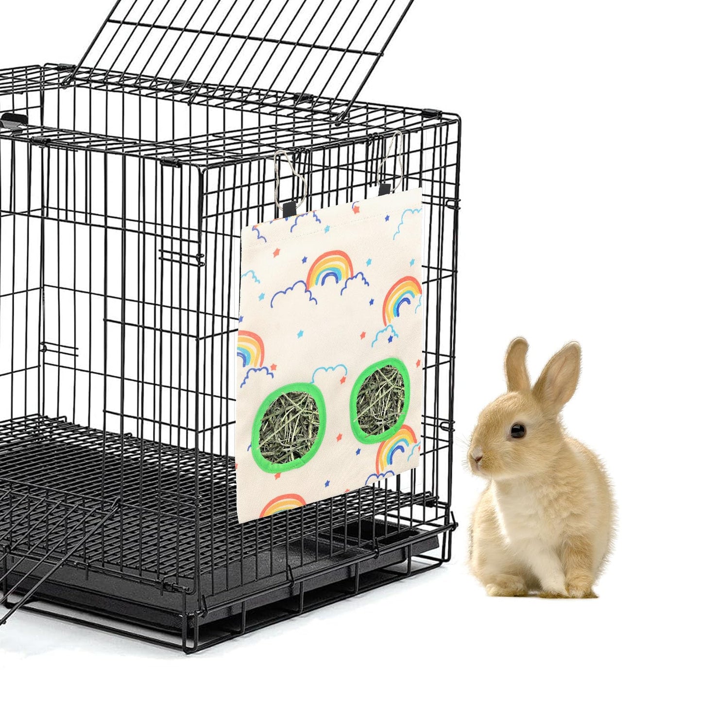 2Pcs Hay Bag for Rabbits - 2 Holes 9×11.5 Inch Colorful Rainbow Guinea Pig Hanging Hay Feeder Bags Washable Bunny Hay Bag Storage Dispenser for Guinea Pig Chinchilla Hamster Bunny Small Animal Pet