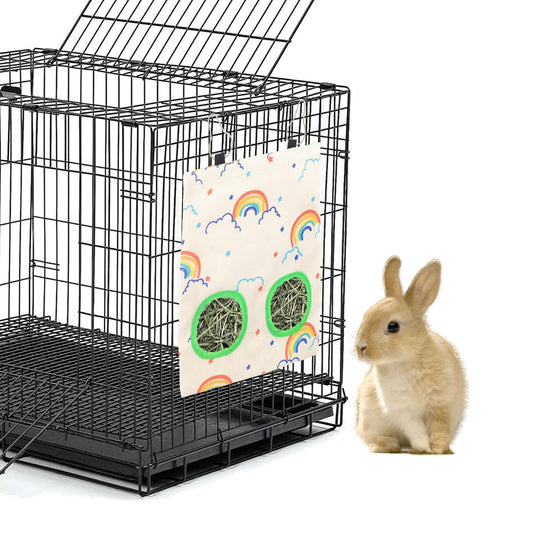 2Pcs Hay Bag for Rabbits - 2 Holes 9×11.5 Inch Colorful Rainbow Guinea Pig Hanging Hay Feeder Bags Washable Bunny Hay Bag Storage Dispenser for Guinea Pig Chinchilla Hamster Bunny Small Animal Pet