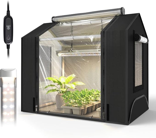 Bstrip Indoor Greenhouse with Grow Light, Mini Grow Tent with Oxford Fabric, Waterproof Base Mat&Ventilation Window for Seed Starting&Plant Growth, 18W Grow Light with Timer, 23.8"x15.7"x20.5"