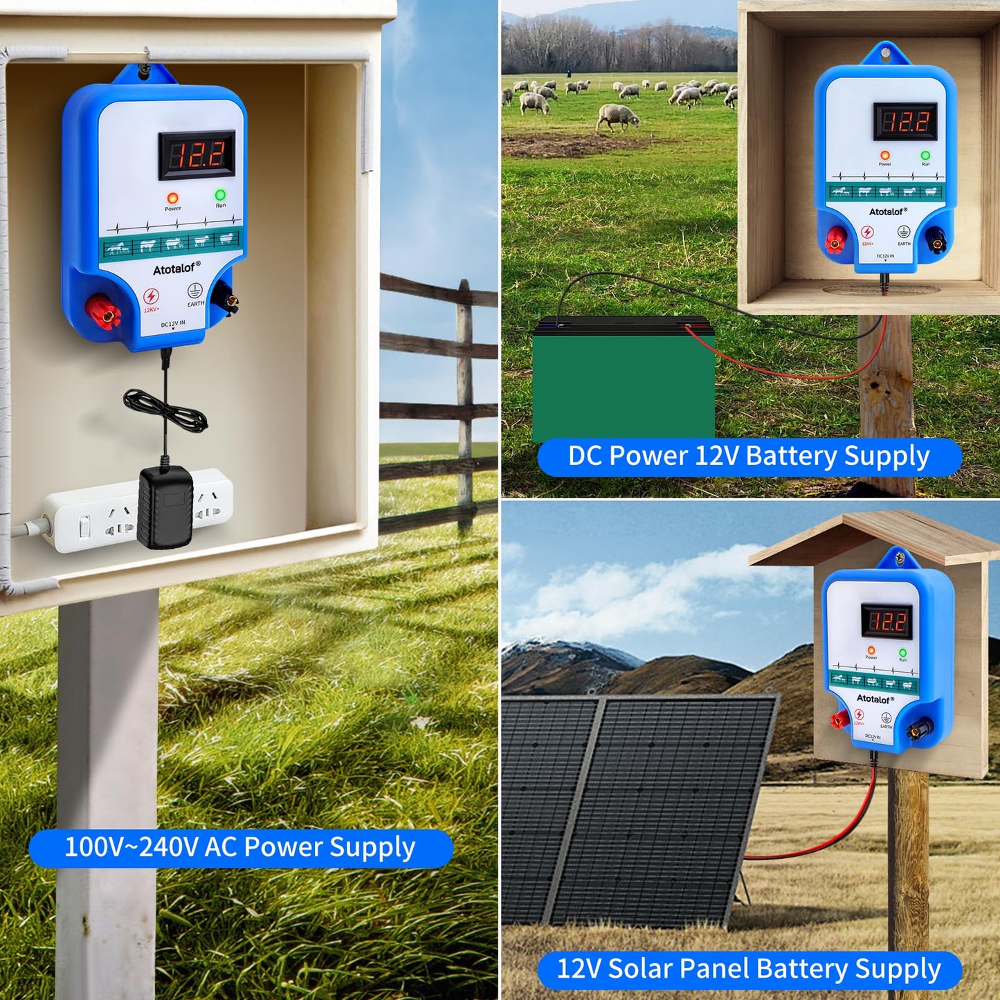 Electric Fence Charger for Livestock - 10 Miles 3 Joule Output Multi Power Electric Fence Controller Livestock Electric Fence Kit