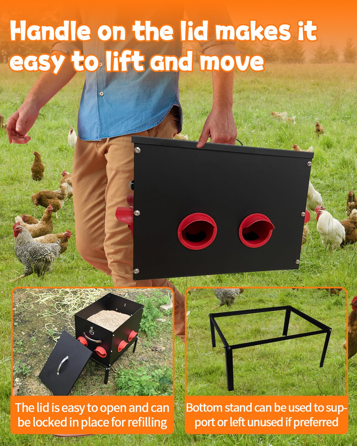 Automatic Chicken Feeder –45LB 8 Feeding Ports,Large Metal Chicken Feeders - No Waste Poultry Feeder with Locking Lid and Legs for Inside Coops