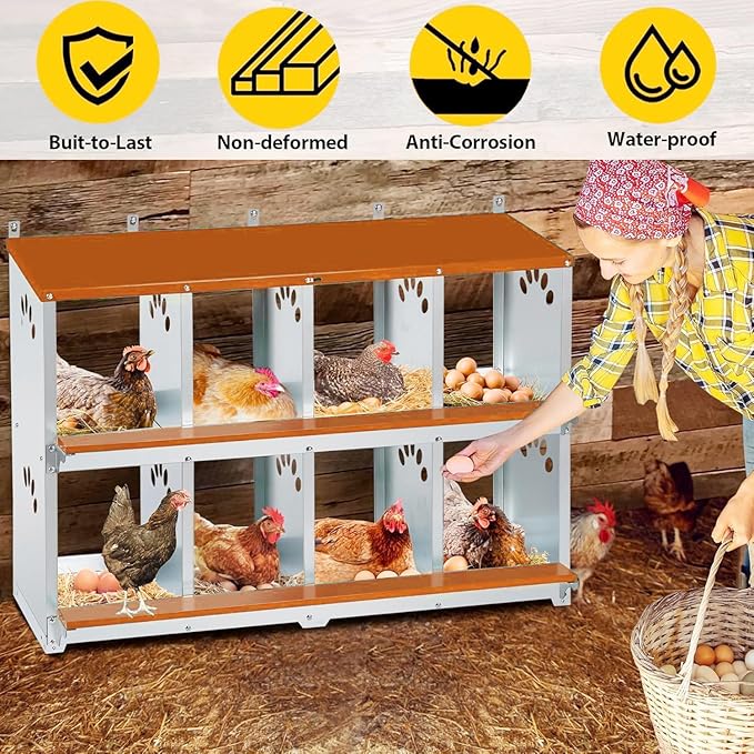 8 Compartment Chicken Nesting Box, Metal Nesting Boxes for Chicken, Indoor & Outdoor Use, Wall Mountable Laying Boxes for Hens, 42.5" L x 13.0" W x 25.0" H, Orange