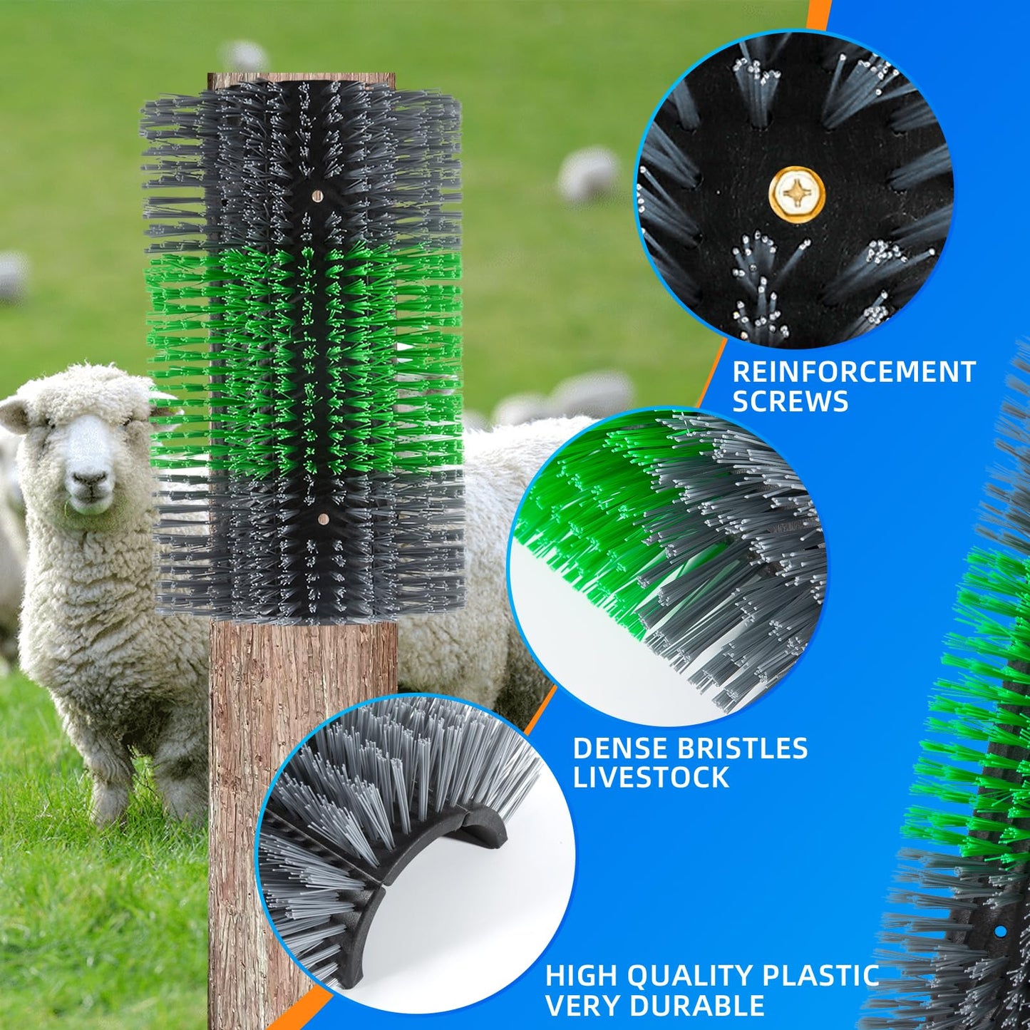 Extra Large Size Livestock Scratching Brush, Upgraded Horse/Goat/Cow/Cattle Scratcher Brush for Grooming, Itch Relief Horse Scratcher Brushes Kit with Two Sets of Mounting Screws(1-Pack,Gray)